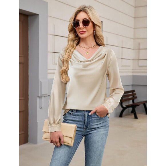Women's Satin Blouse Cowl Neck Long Sleeve Business Casual Top Apricot - Picture 2 of 8